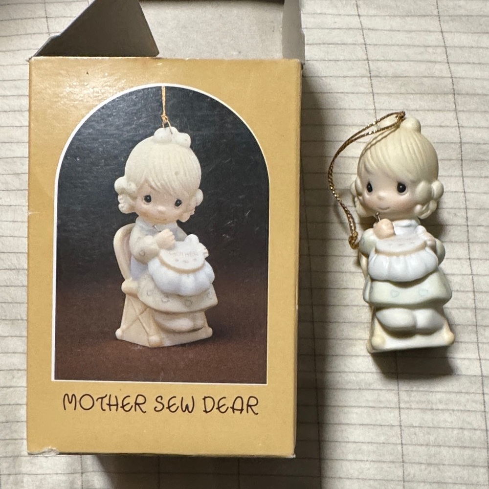 1983 Precious Moments Mother Sew Dear Ornament - Cream and White